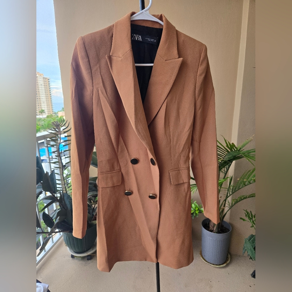 ZARA Camel Double-Breasted Blazer Dress Size S